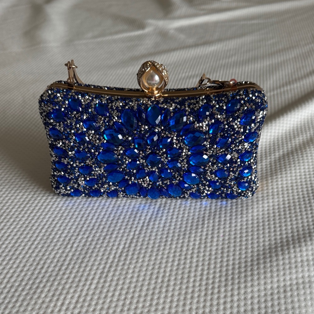 Blue Crystal Embellished Evening Clutch